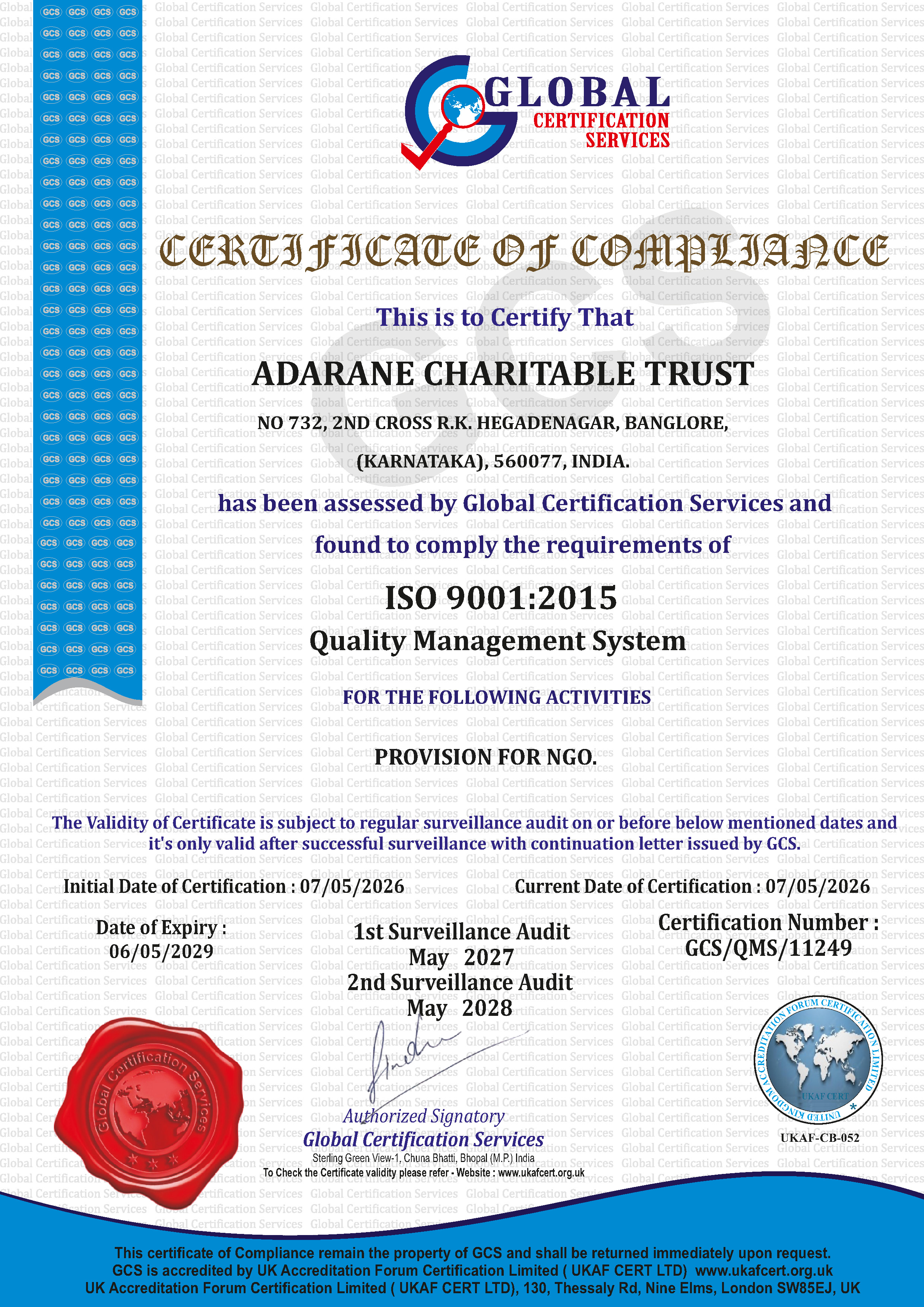 ISO certification ADARANE CHARITABLE TRUST